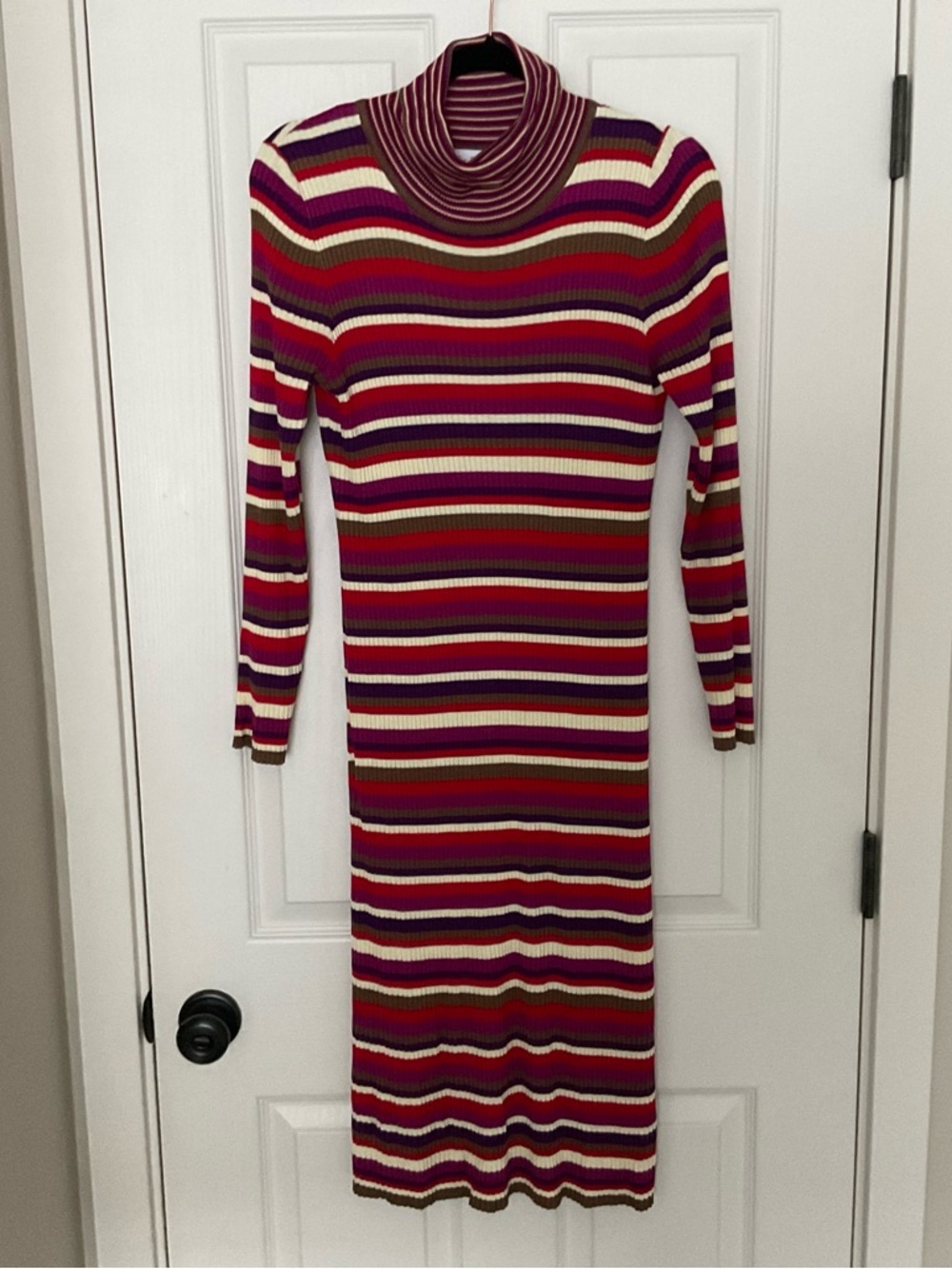 Lisa Says Gah Ribbed Turtleneck Midi Dress in Red, Cream, Pink & Magenta Stripe